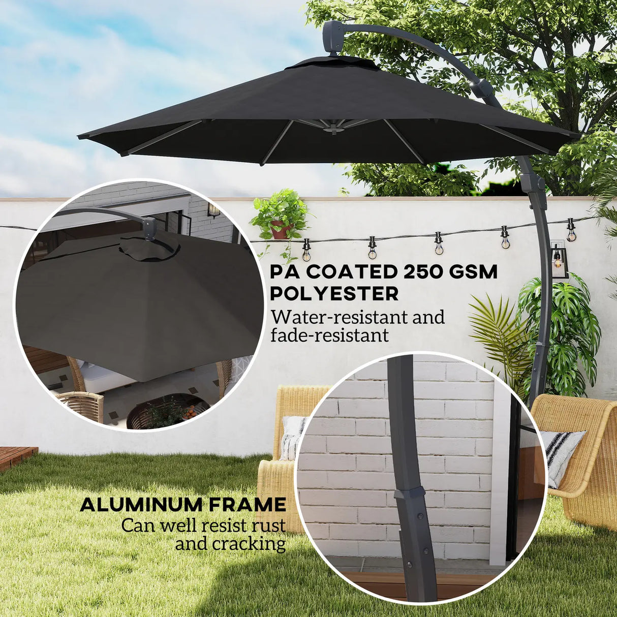 Outsunny 3(m) Garden Cantilever Parasol, Round Overhanging Umbrella with Crank Handle, Cross Base, Aluminium Frame and 360 Rotation, Banana Patio Umbrella for Outdoor Sun Shade, Black