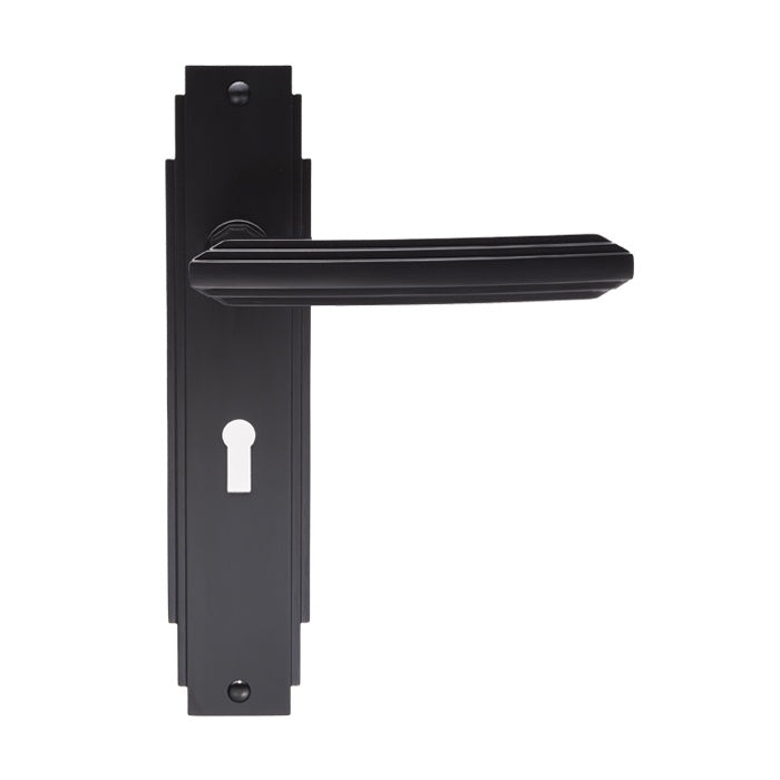 ART DECO LEVER ON BACKPLATE - LOCK 57MM C/C - MATT BLACK - PAIR
