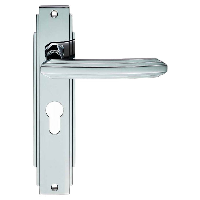 ART DECO LEVER ON BACKPLATE - LOCK EURO PROFILE 47.5MM C/C - POLISHED CHROME - 205 x 45mm - PAIR