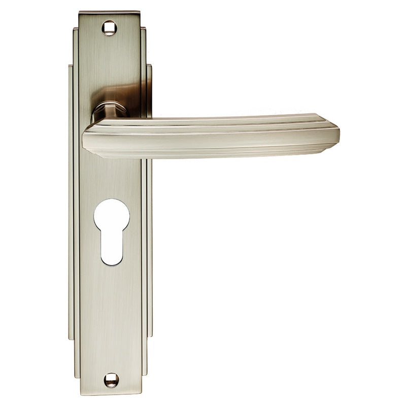 ART DECO LEVER ON BACKPLATE - LOCK EURO PROFILE 47.5MM C/C - SATIN NICKEL - 205 x 45mm - PAIR