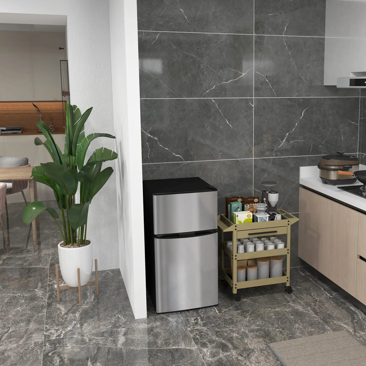 HOMCOM 88L Under Counter Fridge Freezer, Small Refrigerator with 5-Setting, 3 Star Freezer Rating, Black and Silver Tone