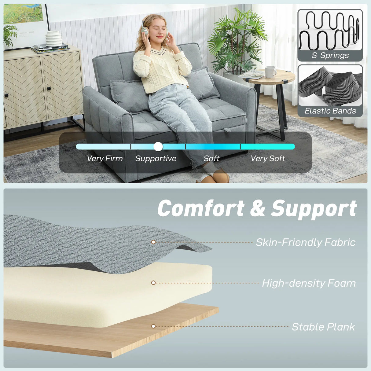 HOMCOM 2 Seater Sofa Bed, 3-in-1 Convertible Sleeper Sofa with Click-clack Adjustable Backrest and 2 Pillows, Grey