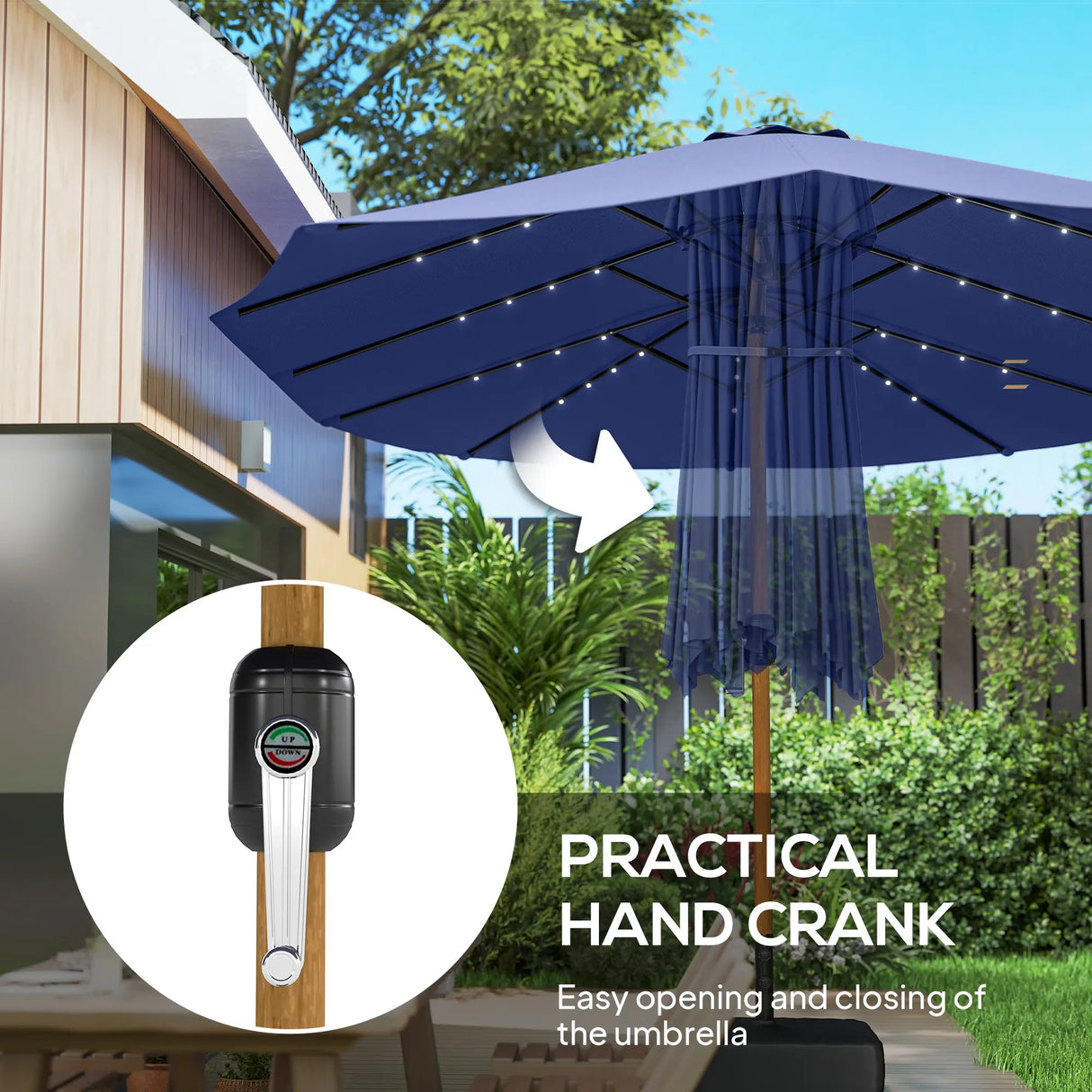 Outsunny Double Sided Garden Parasol with Base Included & 48 Solar LED Lights Patio Umbrella Crank Handle 4.6m Dark Blue