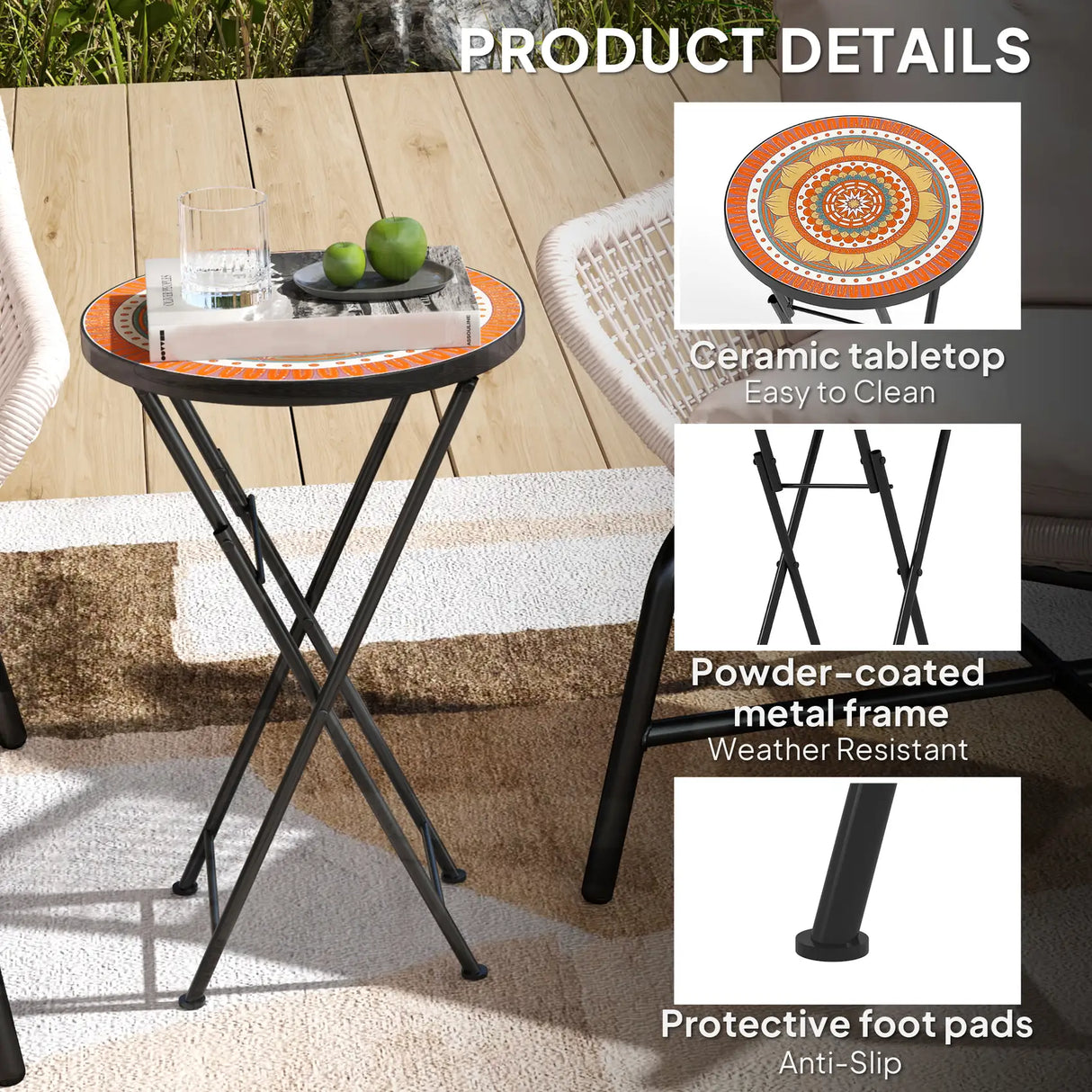 Outsunny Mosaic Outdoor Garden Table, 35.5cm Round Folding Coffee Table with Metal Frame for Balcony Terrace, Orange