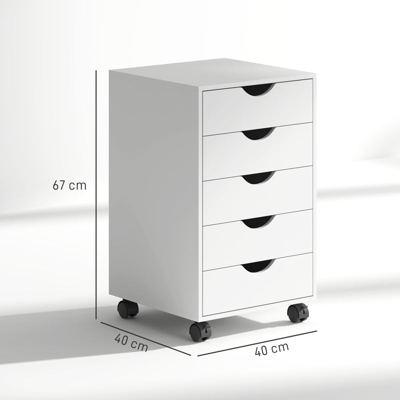HOMCOM 5 Drawer Mobile Filing Cabinet, Vertical File Cabinet, Modern Rolling Office Storage Organizer Cupboard, White