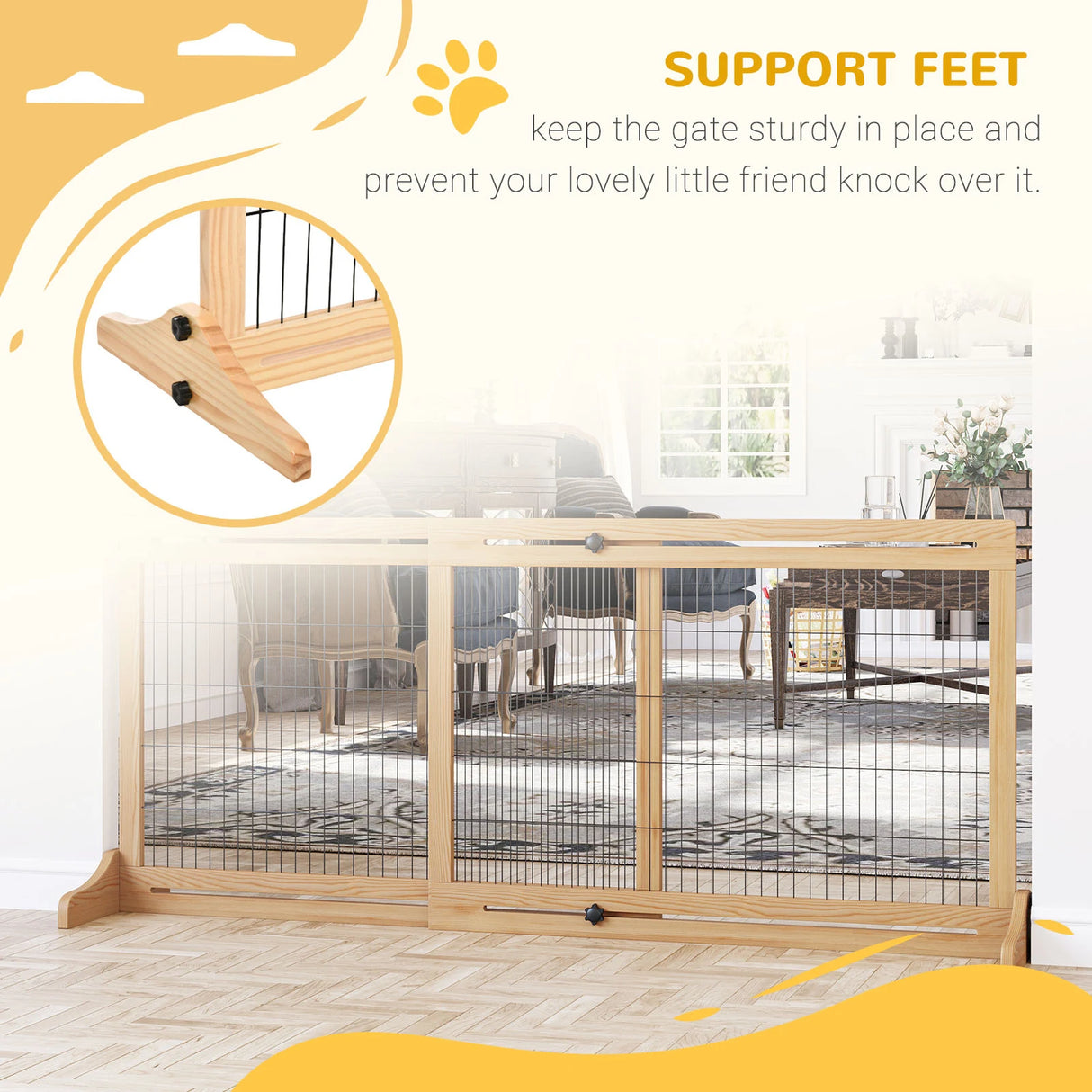 PawHut Freestanding Dog Gate, Foldable Pet Fence, Indoor Wood Barrier, Stair Gate with Support Feet, for Doorway, Hallway, Small and Medium Dogs, 69H x 104-183 cm, Natural Wood Finish
