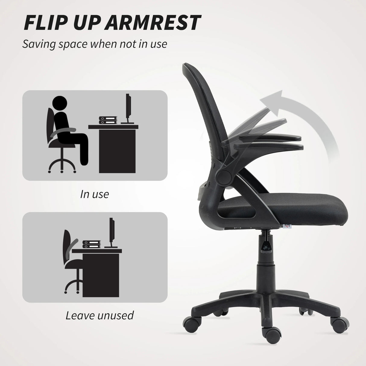 HOMCOM Breathable Mesh Office Chair, Ergonomic Swivel Computer Chair with Flip-up Armrests, Lumbar Back Support for Home/Office, Black