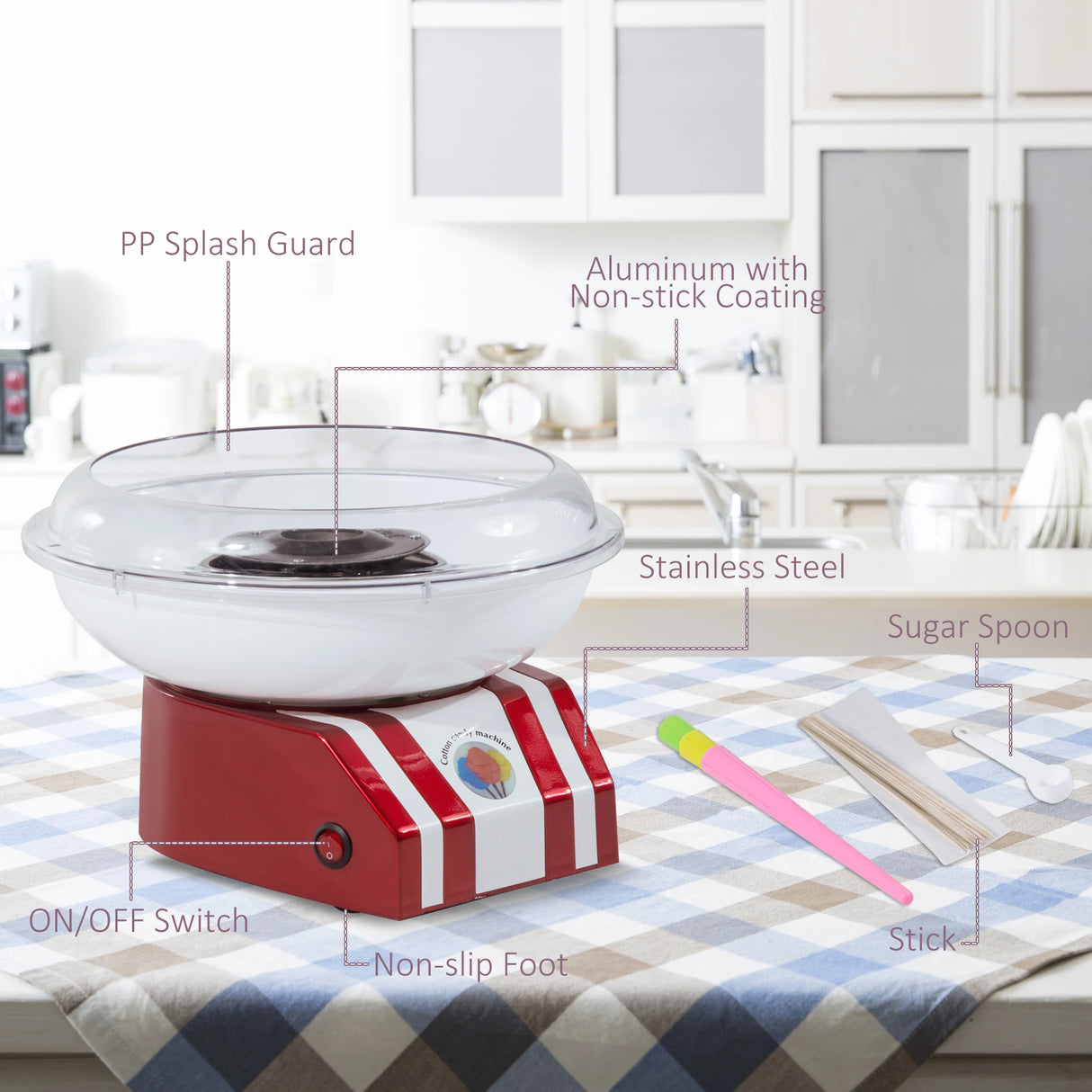 HOMCOM Candy Floss Machine for Kids & Adults, 550W Retro Cotton Maker for Sugar or Candies, Including 10 Candyfloss Sticks, Non-Slip Base, Red & White