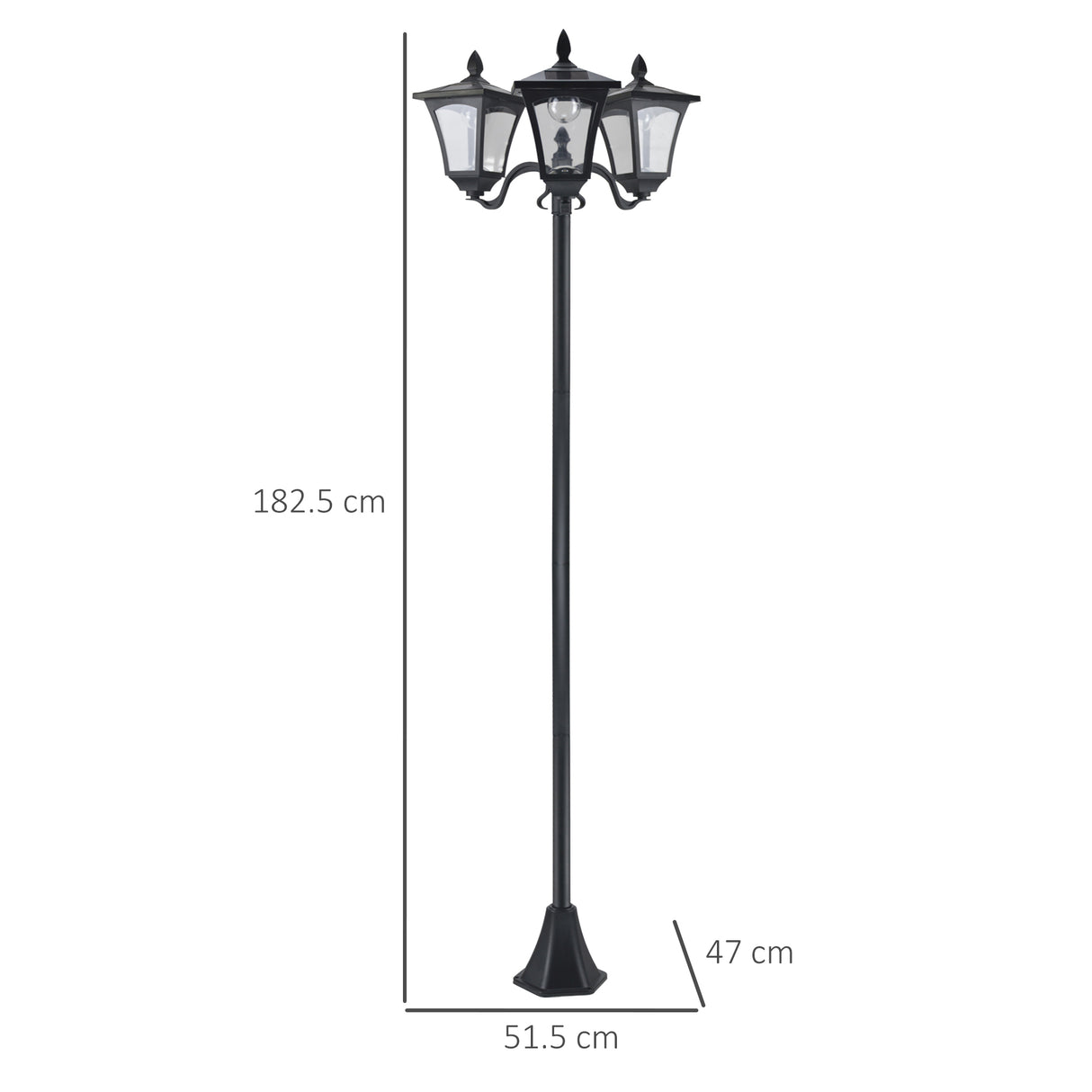 Outsunny 1.8m Traditional Victorian Style 3 Way Head Outdoor Garden Solar Post Lamp Sensor Dimmable LED Lantern Bollard Pathway IP44 Black