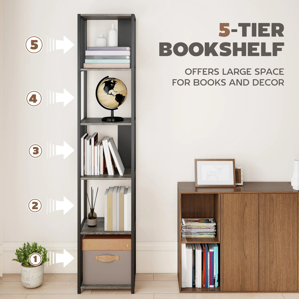 HOMCOM 5-Tier Bookshelf with Steel Frame - Grey