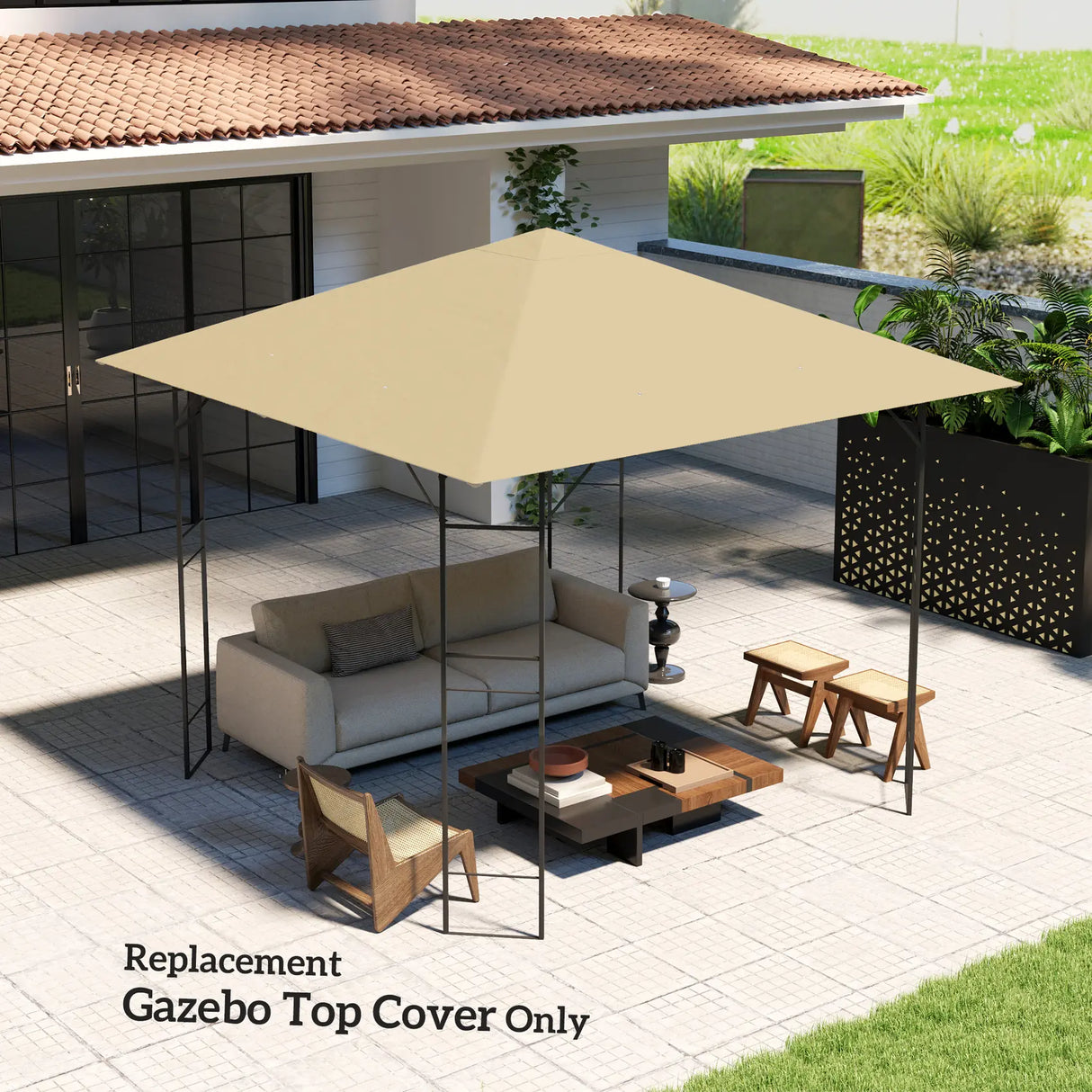 Outsunny 3 x 3(m) Gazebo Canopy Replacement Cover, Garden Gazebo Roof Replacement with Drain Holes, Water Resistant PVC Coating, 370g/, UPF30+, TOP COVER ONLY, Beige