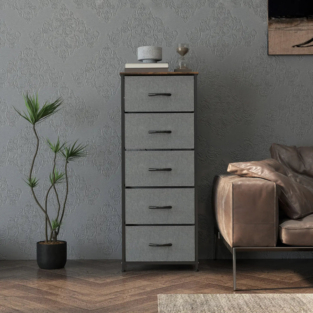 HOMCOM Fabric Chest of Drawers, Industrial Bedroom Dresser with 5 Fabric Drawers, Steel Frame and Wooden Top for Nursery, Living Room, Hallway, Rustic Brown and Grey