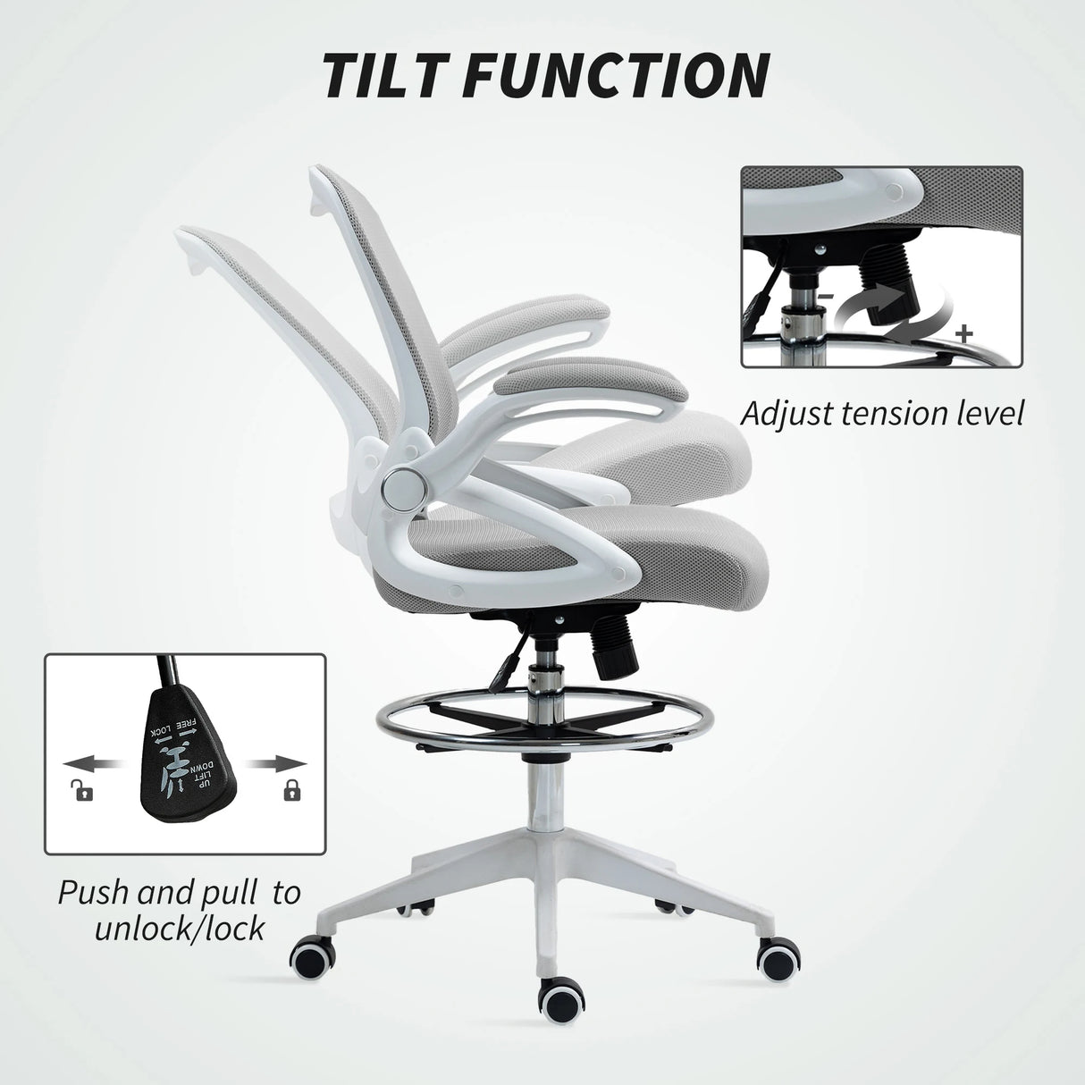 Vinsetto Drafting Chair with Flip-up Armrest, Mesh Office Stool with Foot Ring, 360 Degree Swivel Height Adjustable Chair for Standing Desk, Light Grey