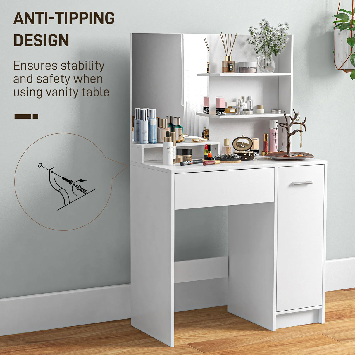 HOMCOM Dressing Table and Stool Set, with Storage - White