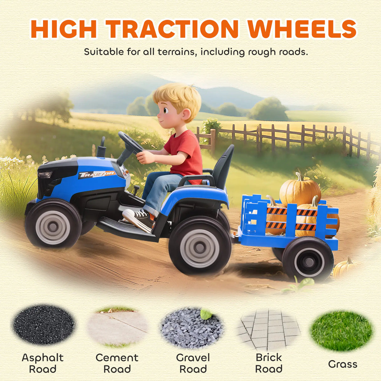 AIYAPLAY 12V Ride on Tractor and Trailer with Remote Control, Music, Shifter, Start-Up Sound, for Kids Ages 3-8 Years, Blue