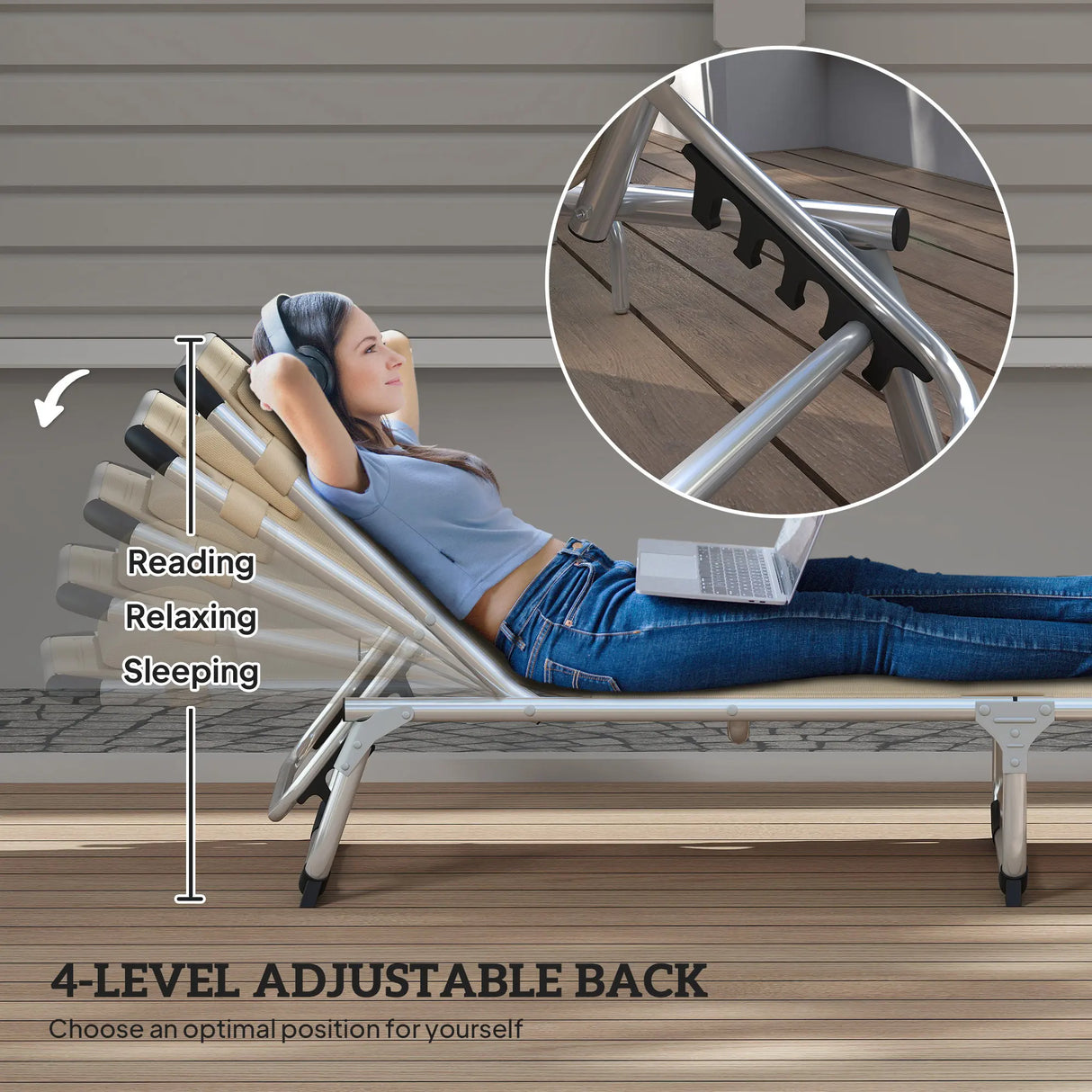 Outsunny Foldable Outdoor Sun Lounger, Reclining Lounge Chair Camping Bed Cot with Pillow 4-Level Adjustable Back Aluminium Frame, Khaki