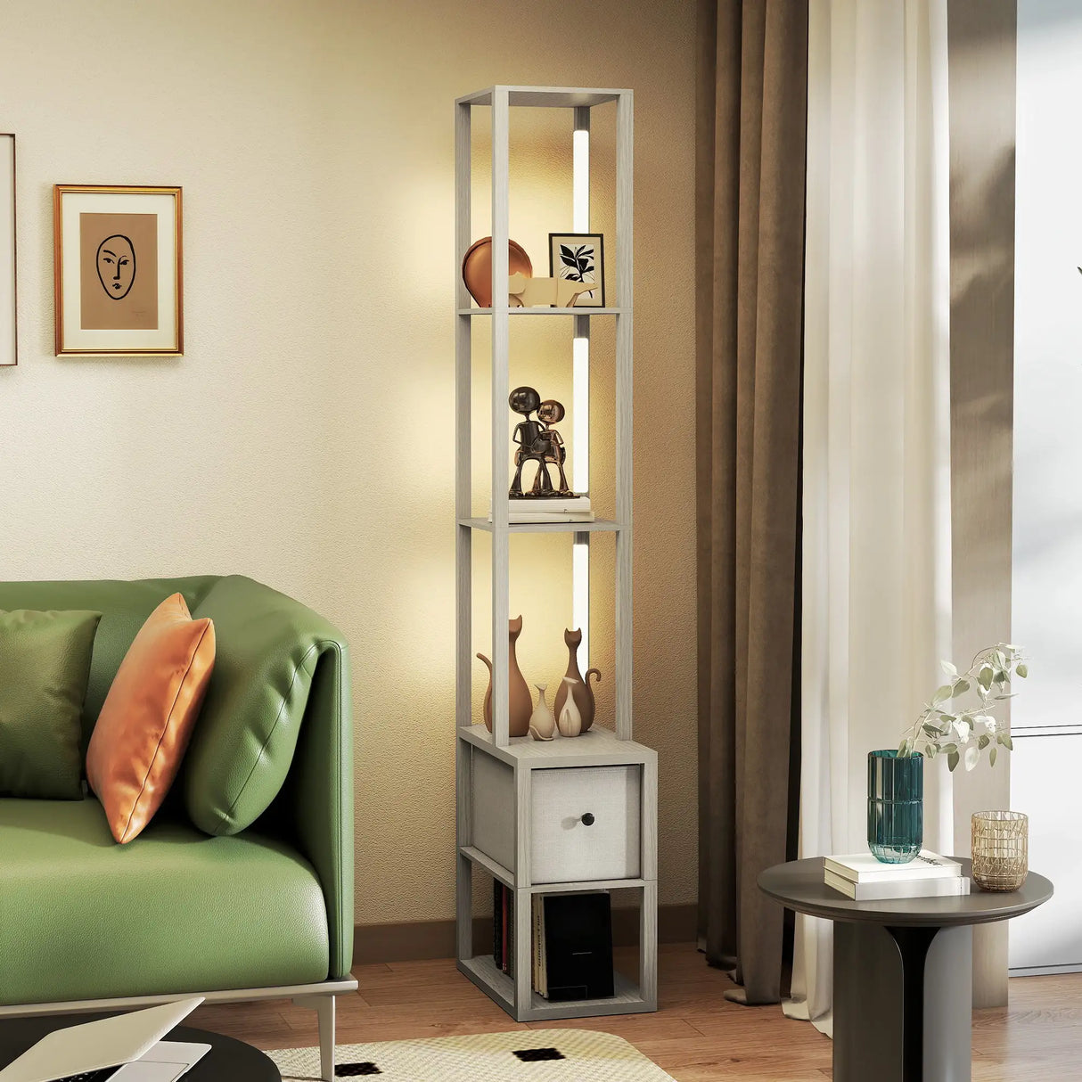 HOMCOM Floor Lamp with Shelves, LED Column Modern Standing Lamp with Fabric Drawer, Adjustable Brightness, Foot Switch for Living Room, Bedroom, Office, Oak