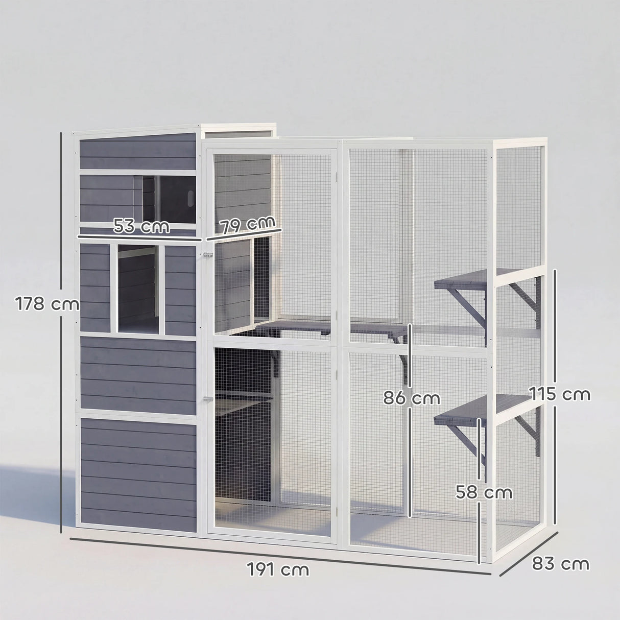 PawHut 4-Tier Wooden Catio Cat Outdoor Enclosure with Sun Roof, Resting Rooms, 3 Platforms, Window Outdoor Indoor, Grey