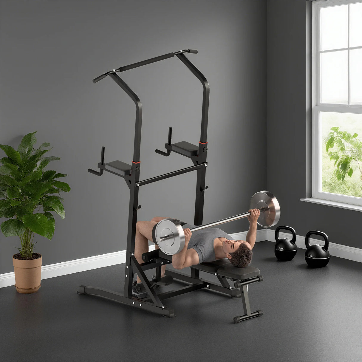 HOMCOM Pull Up Station with Adjustable Weight Bench, Dip Station and Barbell Rack, Multi-Function Power Tower Free Standing Pull Up Bar for Home Gym