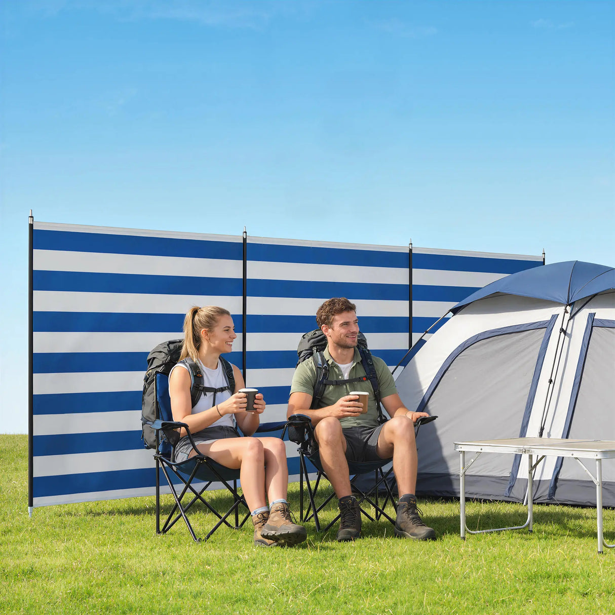 Outsunny 4 Pole Camping Windbreaks, Beach Wind Shield Shelter with Carry Bag and Steel Poles, 540cm x 150cm, Dark Blue