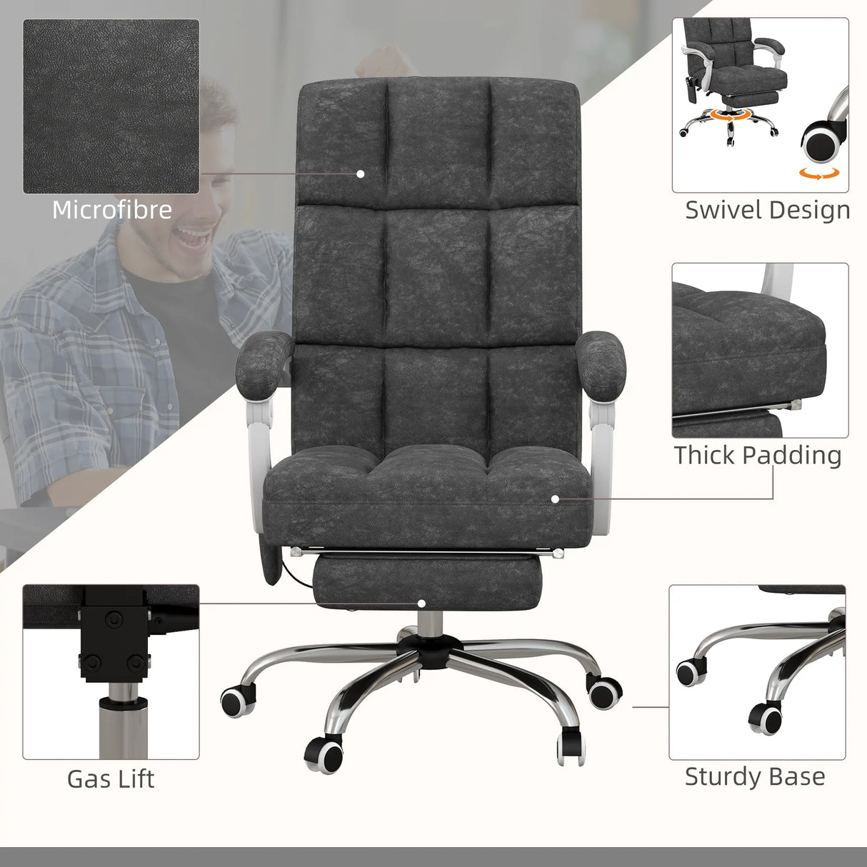 Vinsetto Massage Office Chair, Ergonomic Desk Chair, Comfy Work Study Chair with Heat, Padded Seat, 135 Reclining Back and Footrest for Home Office, Charcoal Grey