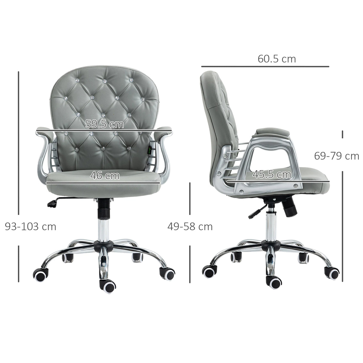 Vinsetto Office Chair Ergonomic 360 Swivel PU Diamante Padded Base 5 Castor Wheels for Home Work Grey