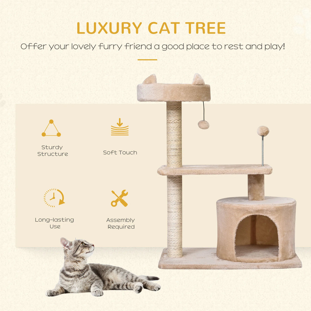 PawHut Cat Tree for Indoor Cats with Scratching Post Climbing Tower Kitty Activity Centre Condo Perch Jumping Platforms Beige 60L x 40W x 81H cm