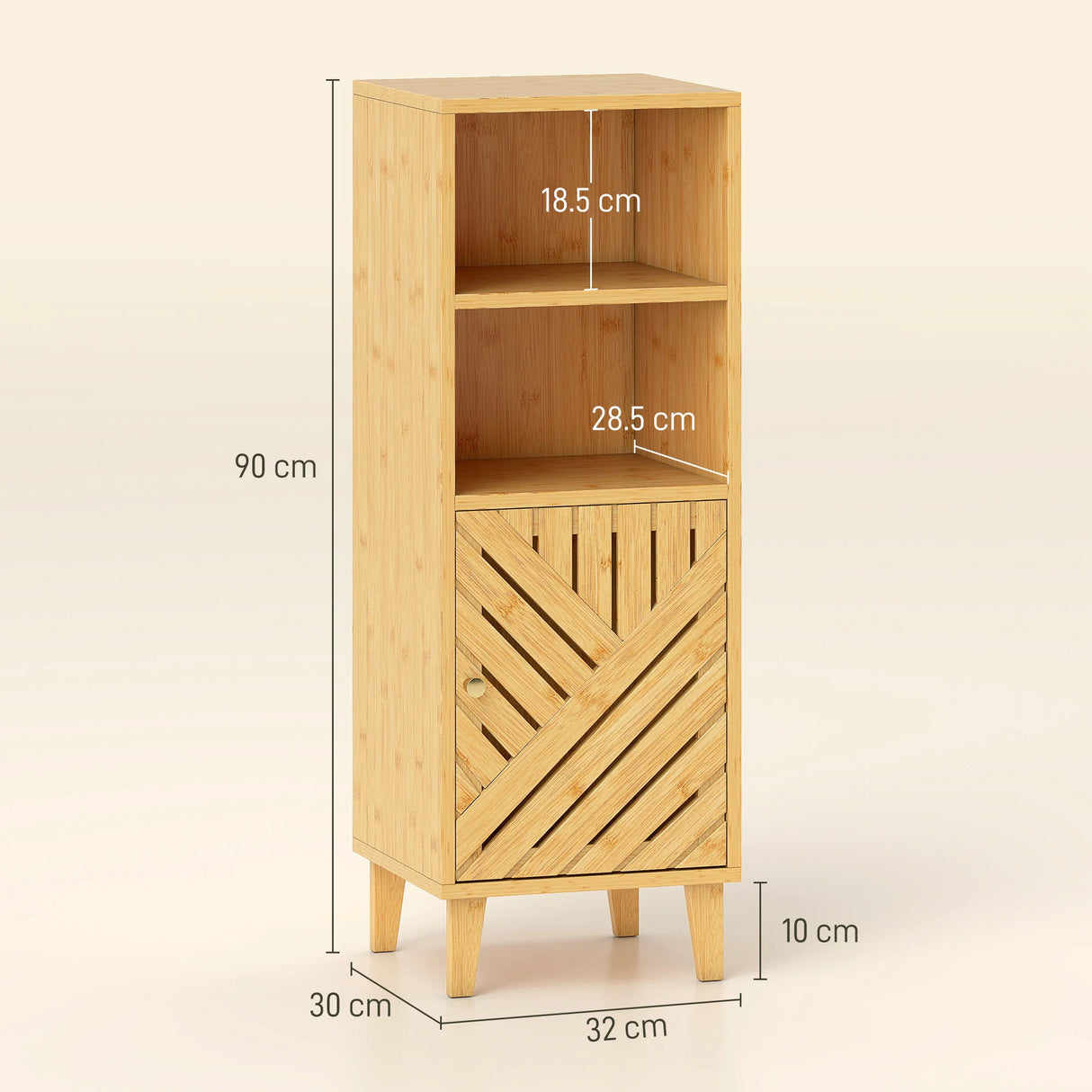 HOMCOM Slim Bathroom Cabinet with Bamboo Door and Legs, Narrow Bathroom Storage Cabinet, Freestanding Storage Cupboard with Open Compartments, 32 x 30 x 90 cm, Natural Wood Finish
