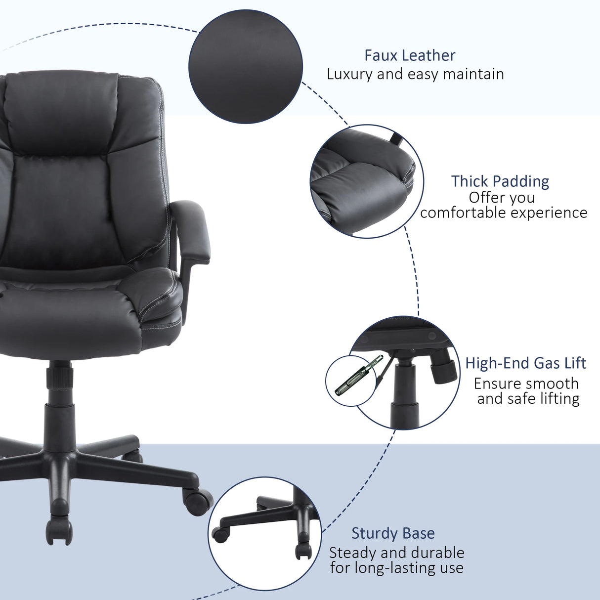 HOMCOM Office Chair, Computer Desk Chair, PU Leather Mid Back Executive Chair with Adjustable Height and Swivel Rolling Wheels for Home Study, Black