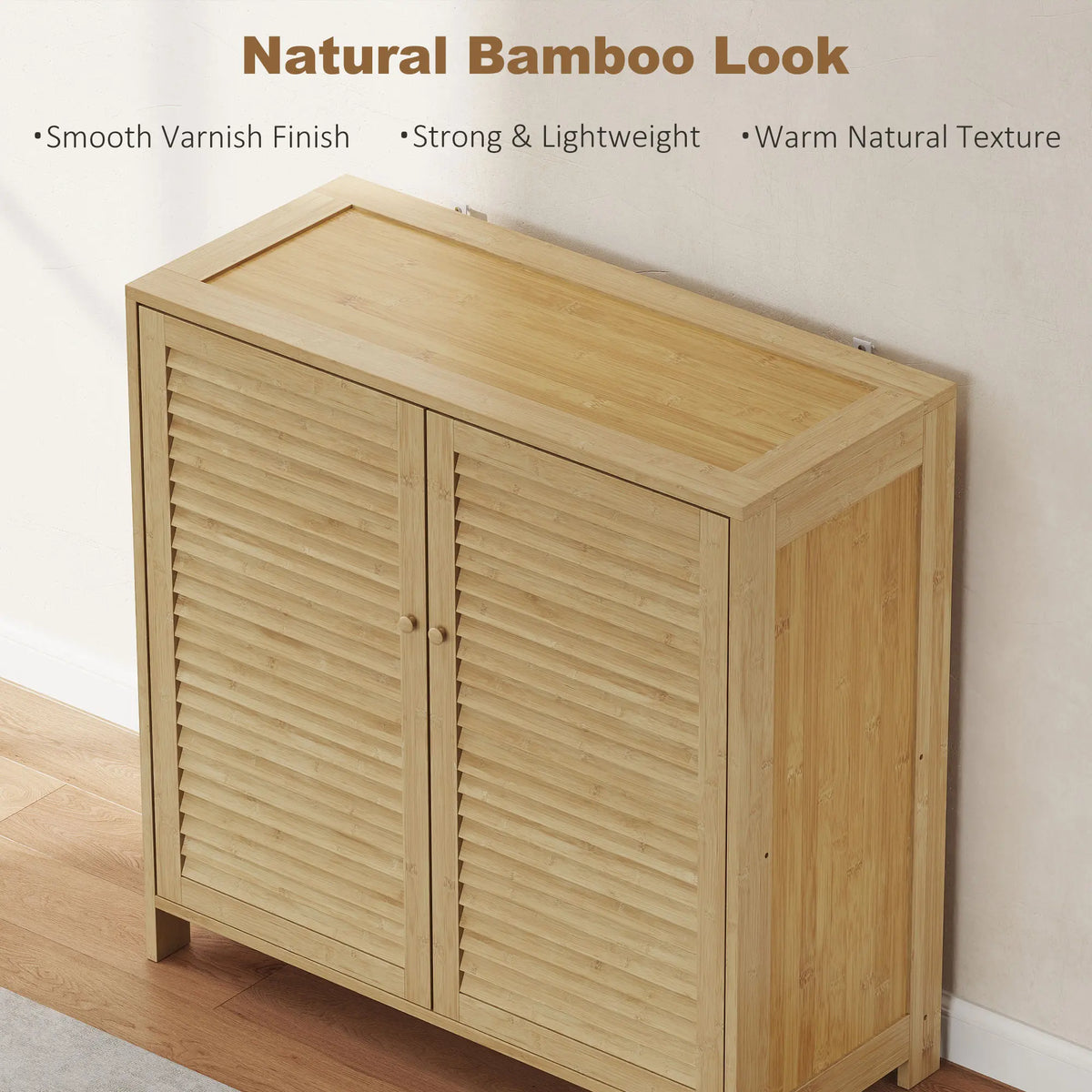 HOMCOM Bamboo Shoe Cabinet with Louvered Doors, 14 Pairs Shoe Storage Cabinet with Adjustable Shelves for Hallway, Natural