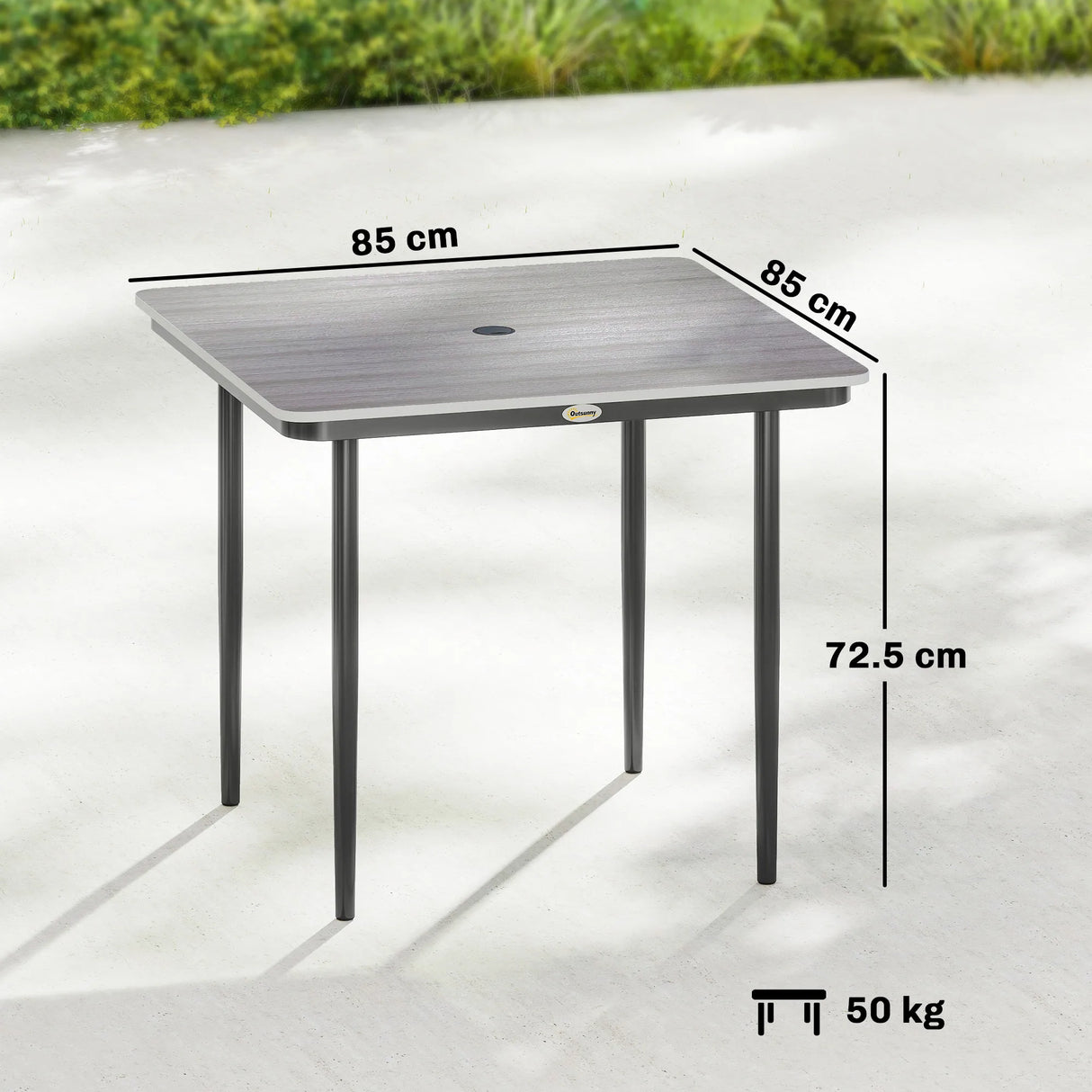 Outsunny Garden Dining Table for 4, 85 cm Square Outdoor Table with Umbrella Hole, Faux Wood Top, Metal Legs, Light Grey