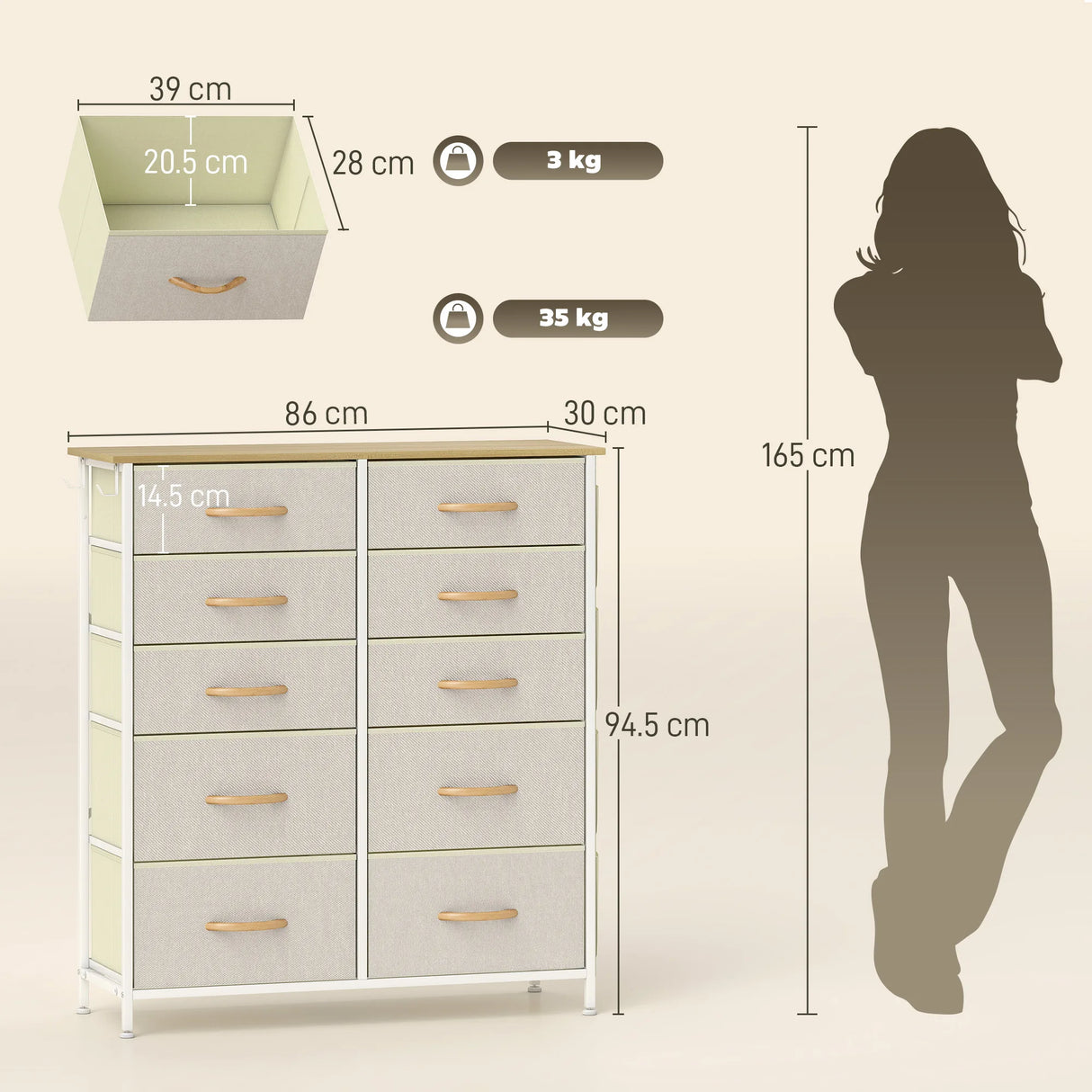 HOMCOM Chest of Ten Fabric Drawers - Beige