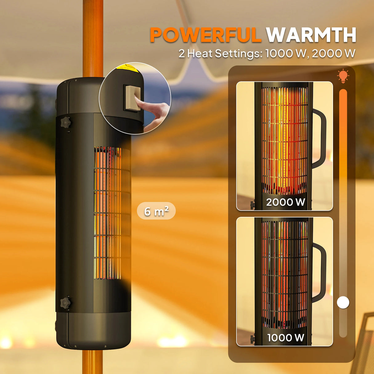 Outsunny Electric Umbrella Parasol Mounted Patio Heater for 25-70 mm Poles, 2000 W Outdoor Garden Heater with 2 Heat Setting, 6 Coverage, Tip-Over Protection, Black