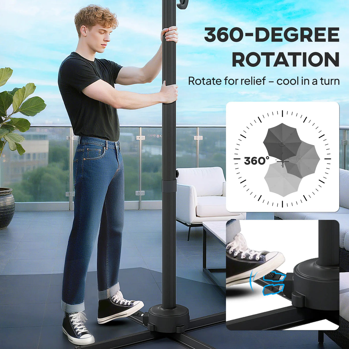 Outsunny 3(m) Adjustable Cantilever Parasol with Base, Solar LED Lights, Dark Grey