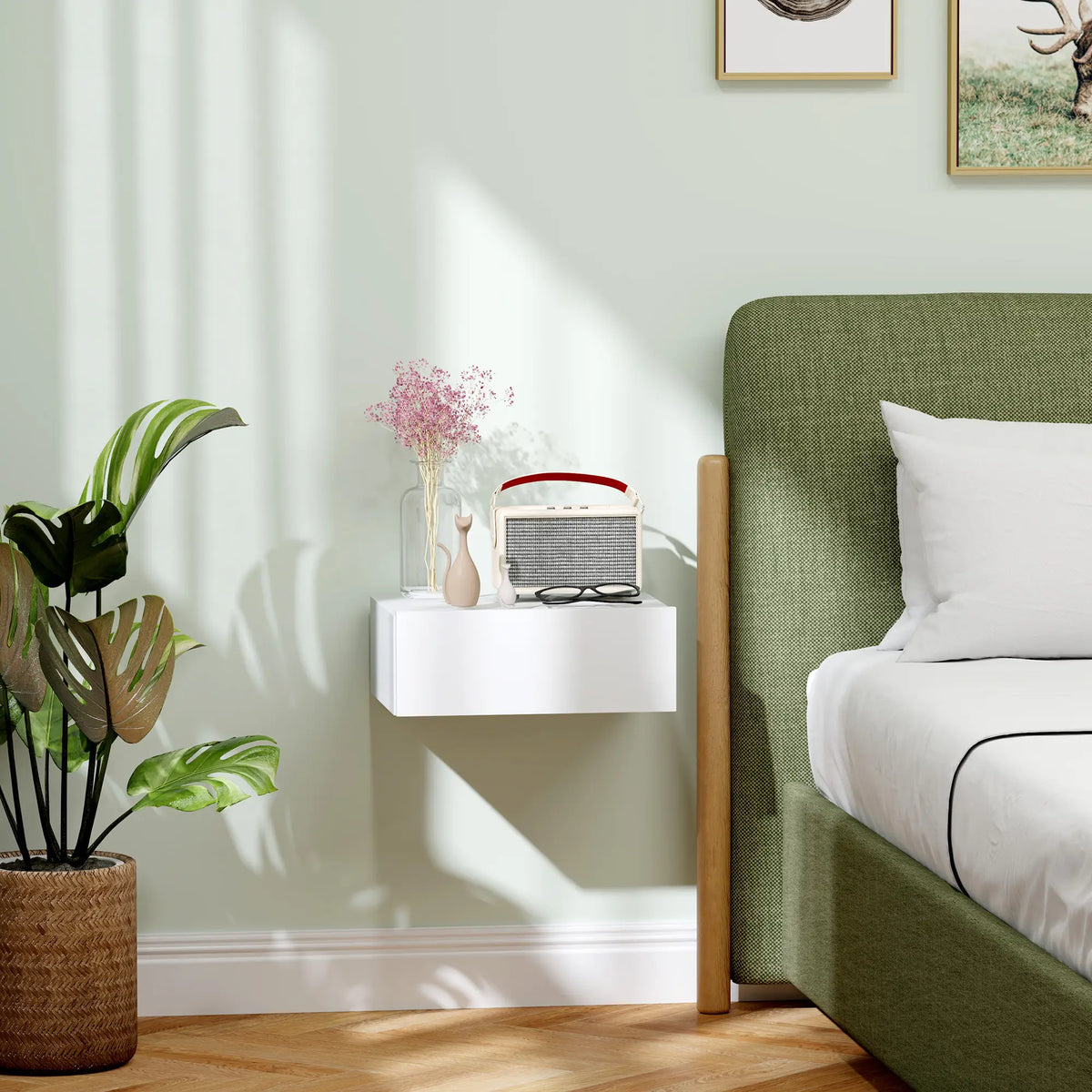 HOMCOM Floating Bedside Table, Wall-Mounted Nightstand with Storage Drawer, Small Side End Table for Bedroom, White