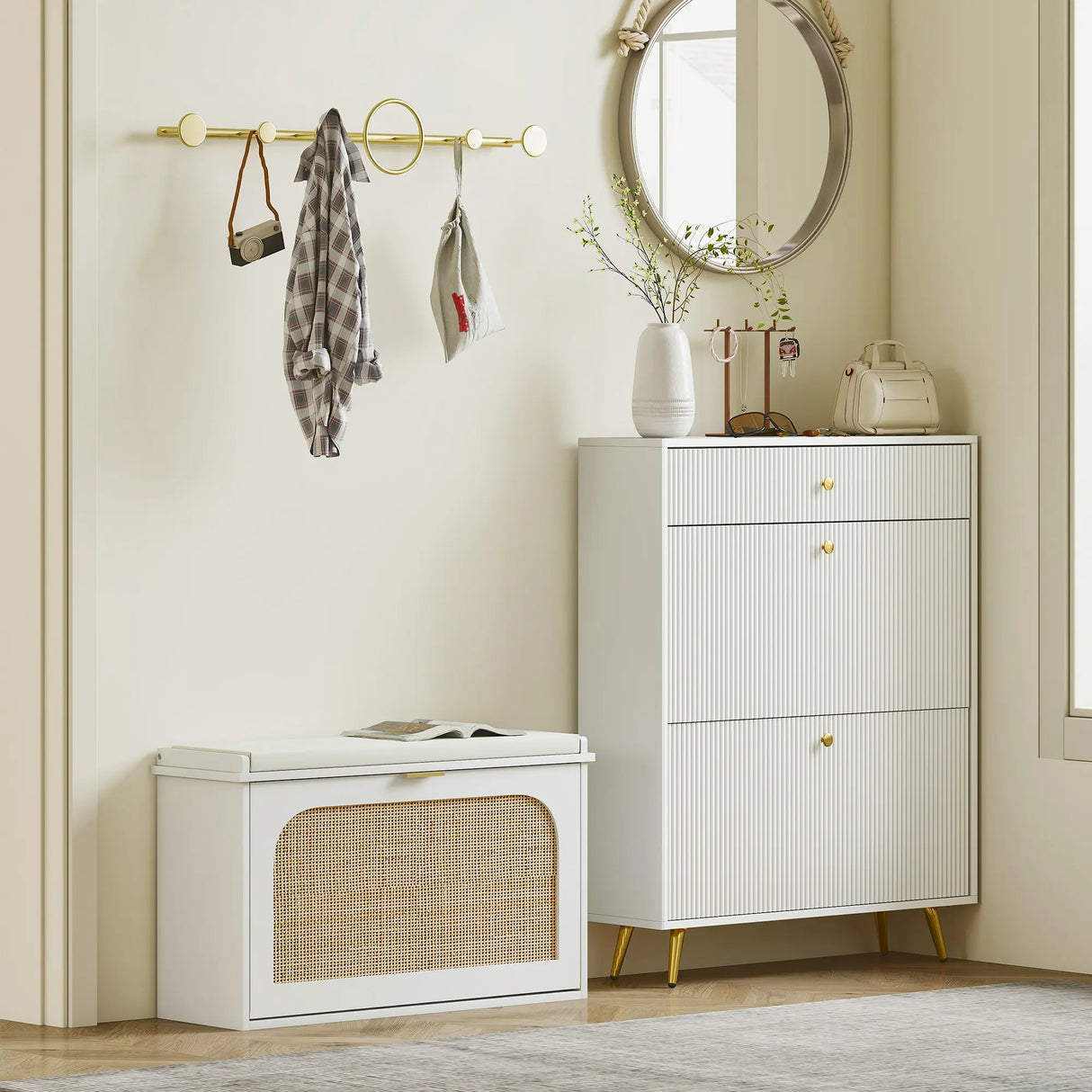 HOMCOM Boho Shoe Bench with Padded Seat and Flip-Drawer - White