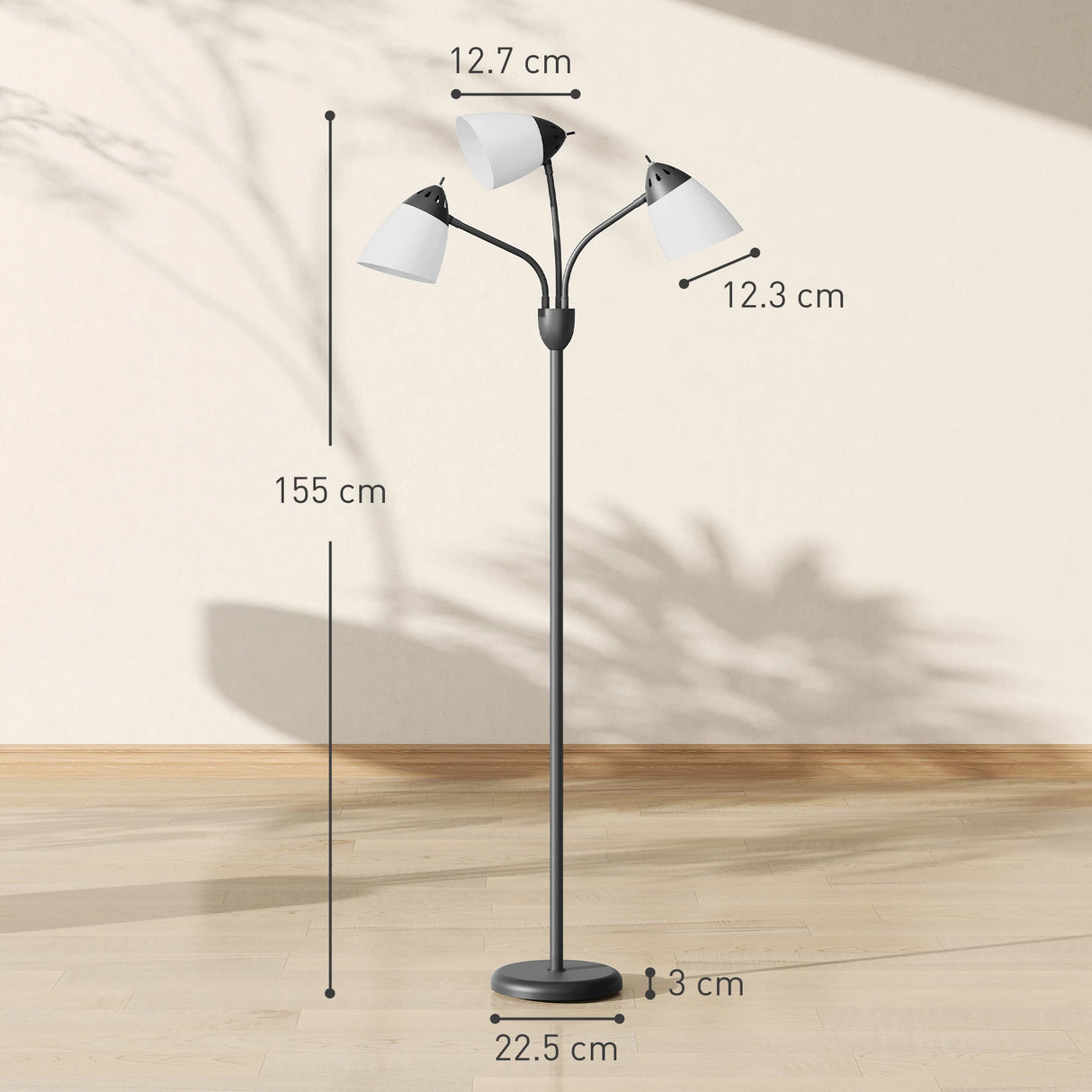HOMCOM Arc Tree Floor Lamp with 3 Adjustable Rotating Lights and 3000K/4500K/6500K Colour Temperatures, Industrial Standing Lamp with Steel Frame for Bedroom Living Room, 155cm, Black
