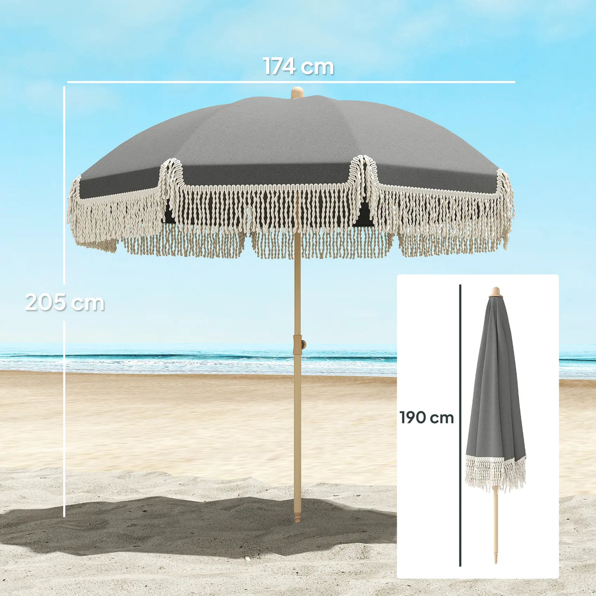 Outsunny 1.7 m Beach Umbrella with Sand Anchor, 30 Tilting Fringed Beach Garden Parasol with Adjustable Height, Grey