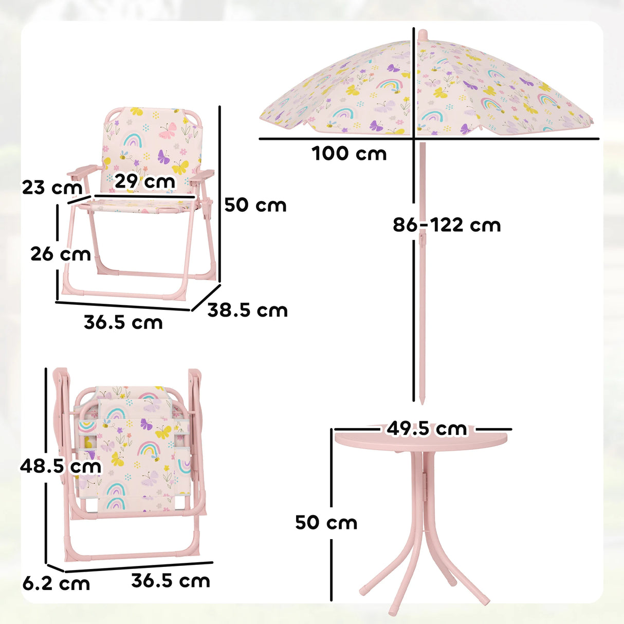AIYAPLAY 4-Piece Kids Garden Table and Chair Set with Adjustable Parasol, Folding Chairs, Table, Rainbow Pattern, Pink