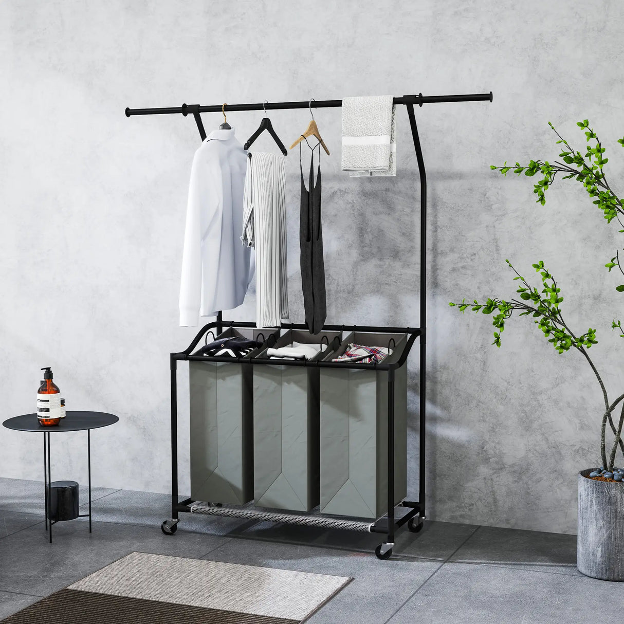 HOMCOM 3x 42L Laundry Basket Unit, with Hanging Rail - Black/Grey