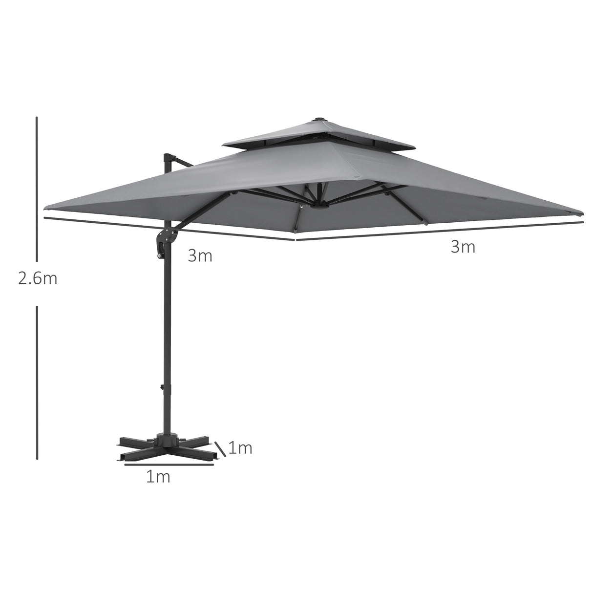 Outsunny 3 x 3(m) Cantilever Parasol with Aluminium Frame, Crank and Tilt, 360-Degree Rotation, Double Top Garden Umbrella with Cover (Only Cross Base), Light Grey