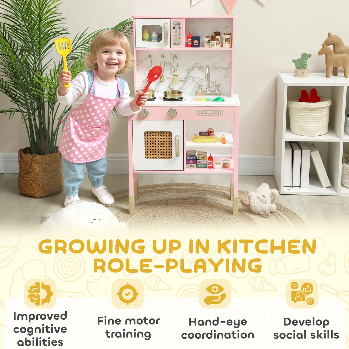AIYAPLAY Kitchen Playset with Pretend Play Cooking Accessories, Play Kitchen with Oven, Microwave and Sink, Pink
