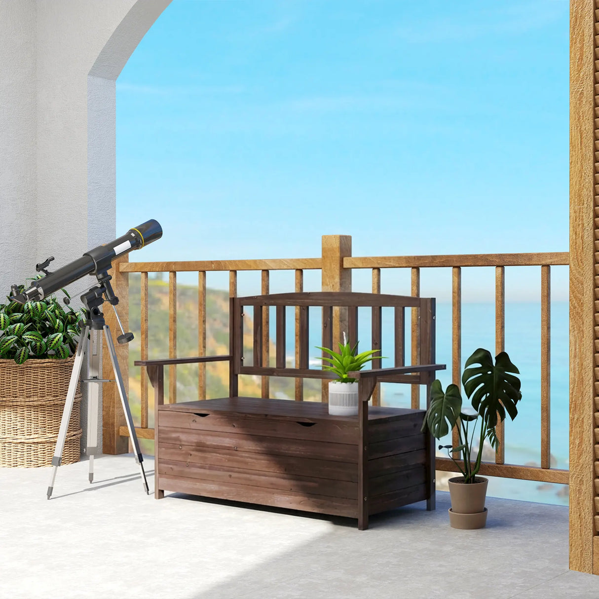 Outsunny Outdoor 2 Seater Garden Bench, Wooden Bench with Storage, Backrest, Arm Rests, 112 x 84 x 58 cm, Brown
