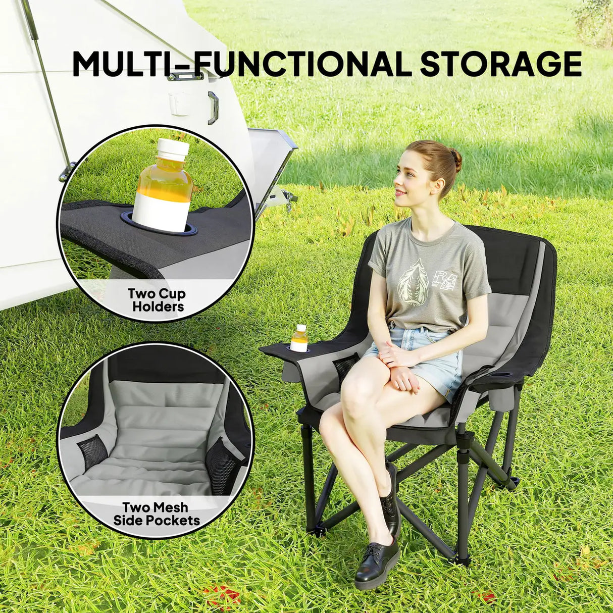 Outsunny Portable Padded Camping Chair, with Bag - Black/Grey