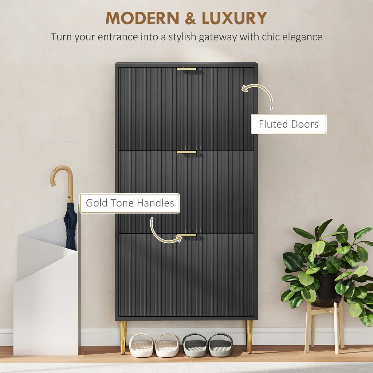 HOMCOM Elegant Three-Drawer Shoe Cabinet - Black