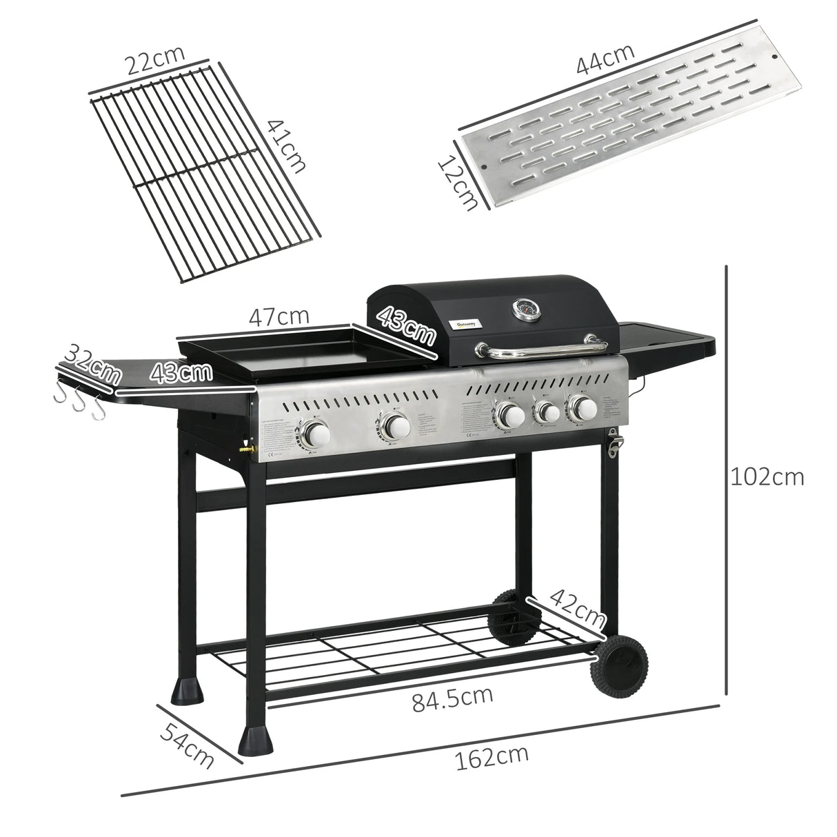 Outsunny 12kW Deluxe Duo Gas BBQ, with Grill, Plancha and Side Burner - Black