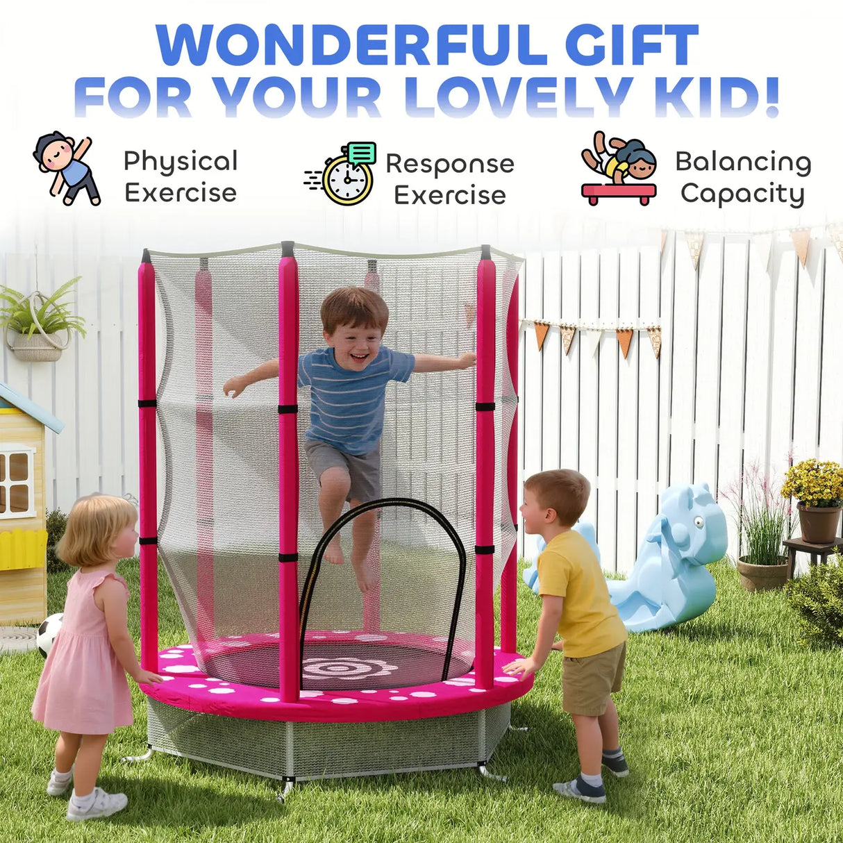 AIYAPLAY 4.6ft Toddler Trampoline w/ Safety Enclosure Net, for Indoor Outdoor Use, Ages 3-6 Years, Pink