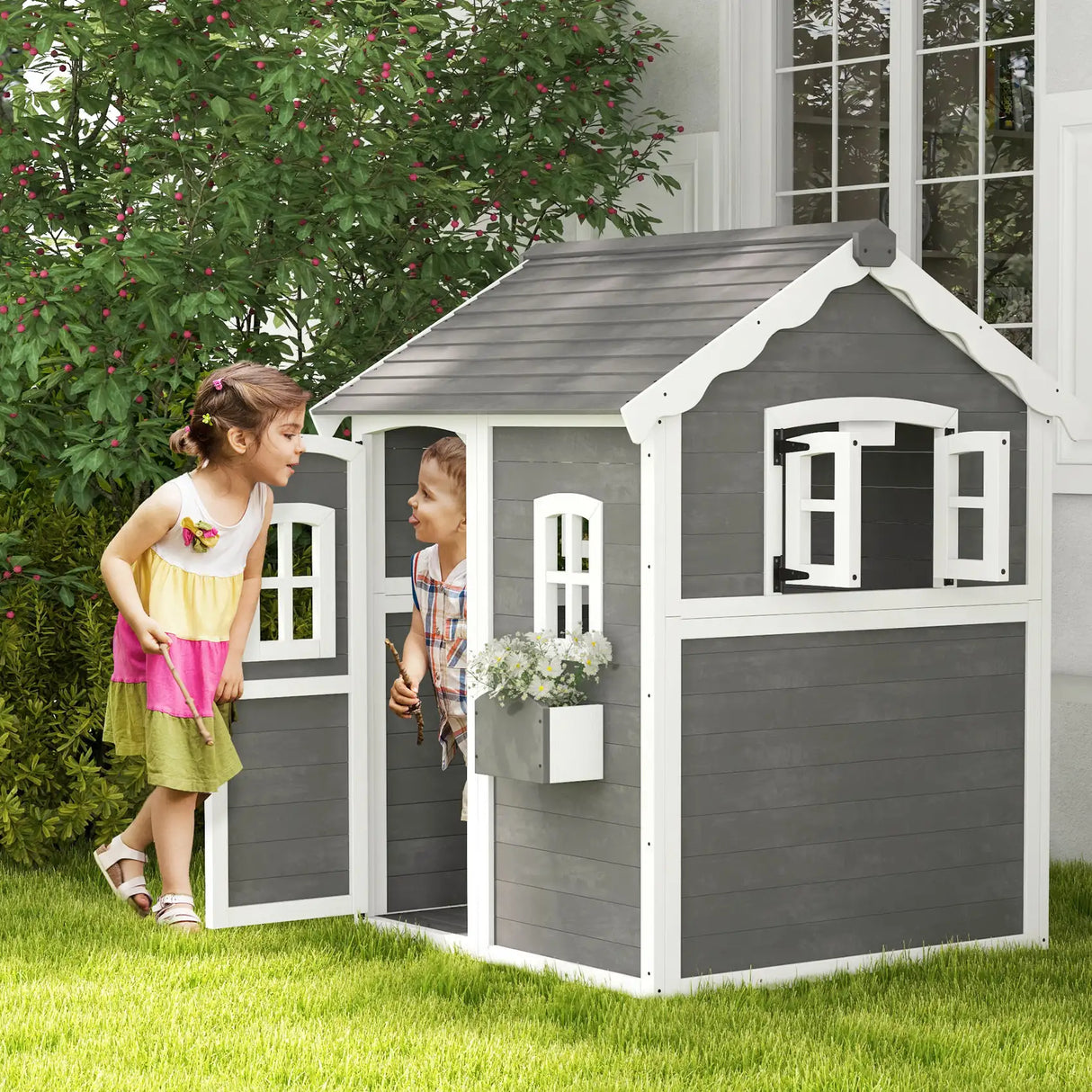 Outsunny Wooden Playhouse for Kids with Doors, Windows, Plant Box, Floors, for Ages 3-8 Years, for Gardens, Lawns, Patios - Grey