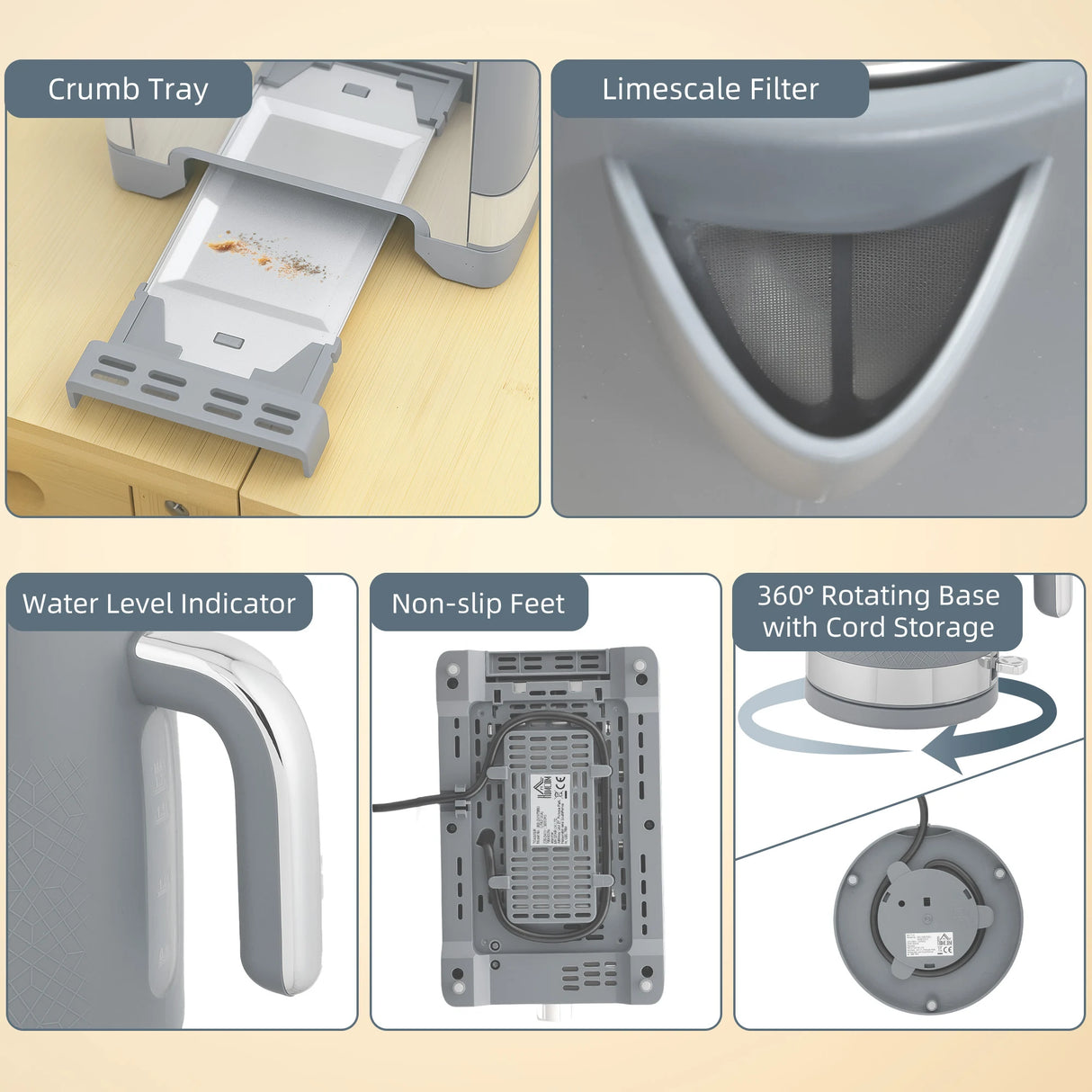 HOMCOM Sleek Textured Kettle and Toaster Set - Grey