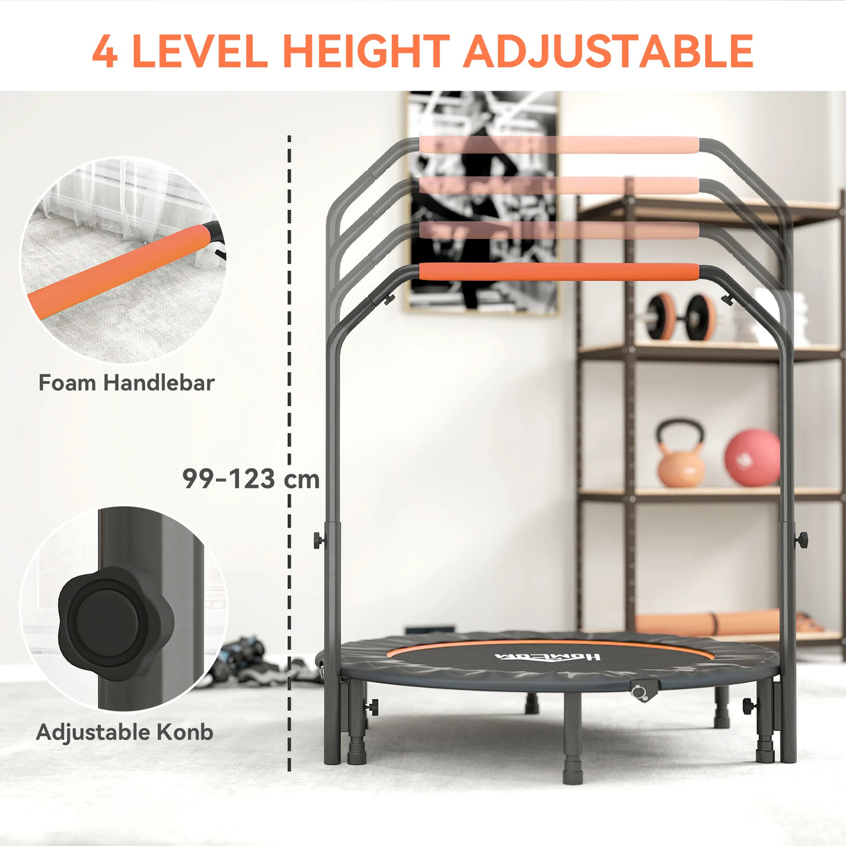 HOMCOM 48" Foldable Mini Fitness Trampoline, with Adjustable Foam Handle, Orange